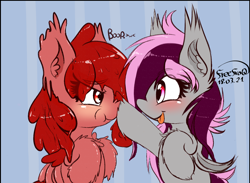 Size: 2150x1577 | Tagged: safe, artist:freefraq, imported from derpibooru, oc, oc only, oc:cherry slime, oc:lilac san, bat pony, goo, goo pony, original species, bat pony oc, bat wings, boop, cute, non-consensual booping, scrunchy face, weapons-grade cute, wings