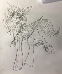 Size: 1080x1277 | Tagged: safe, artist:moshi.poni, imported from derpibooru, oc, oc only, pegasus, pony, ear piercing, eyelashes, female, grayscale, jewelry, lineart, mare, monochrome, necklace, pegasus oc, piercing, signature, smiling, solo, traditional art, wings