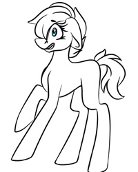 Size: 1080x1350 | Tagged: safe, artist:tessa_key_, imported from derpibooru, oc, oc only, earth pony, pony, earth pony oc, eyelashes, lineart, monochrome, raised hoof, scared, simple background, solo, white background