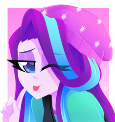 Size: 1500x1599 | Tagged: safe, artist:xan-gelx, imported from derpibooru, starlight glimmer, equestria girls, beanie, bust, cute, glimmerbetes, hat, lidded eyes, looking at you, one eye closed, pointing, smiling, solo, tongue out