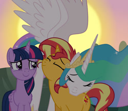 Size: 1024x893 | Tagged: safe, artist:emeraldblast63, imported from derpibooru, princess celestia, sunset shimmer, twilight sparkle, alicorn, pony, unicorn, bittersweet, crying, cute, ending to equestria girls, eyes closed, female, happy, heartwarming, reunion, sad, series finale, shimmerbetes, snuggling, sunset, tears of joy, the end of equestria girls, trio, trio female, twilight sparkle (alicorn)