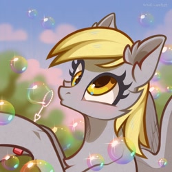 Size: 3000x3000 | Tagged: safe, artist:rrd-artist, imported from derpibooru, derpy hooves, pegasus, pony, blowing bubbles, bubble, bust, chest fluff, cute, derpabetes, ear fluff, solo