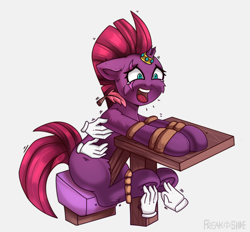 Size: 2400x2227 | Tagged: safe, artist:freak-side, imported from derpibooru, fizzlepop berrytwist, tempest shadow, pony, unicorn, blank flank, blank flank tempest, bondage, broken horn, commission, crying, emanata, eye scar, feather, female, fetish, frog (hoof), hand, hoof fetish, hoof tickling, horn, horn ring, jewelry, laughing, magic, magic hands, magic suppression, mare, open mouth, ring, rope, rope bondage, scar, simple background, sitting, solo, sweat, table, tears of laughter, teary eyes, tickle fetish, tickle torture, tickling, underhoof, white background, ych result