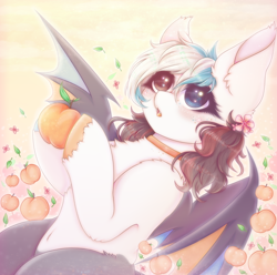 Size: 1100x1090 | Tagged: safe, artist:saltyvity, imported from derpibooru, paradise, oc, oc only, bat pony, earth pony, pony, bat pony oc, bat wings, choker, cute, flower, flower in hair, food, herbivore, peach, solo, wings