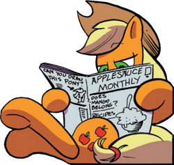 Size: 799x757 | Tagged: safe, idw, imported from derpibooru, applejack, pony, applesauce monthly, can you draw this pony?, extracted, newspaper, reading, simple background, sitting, solo, transparent background