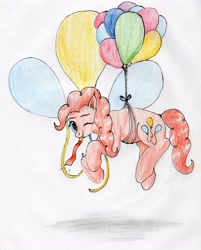 Size: 3127x3888 | Tagged: safe, artist:40kponyguy, derpibooru exclusive, imported from derpibooru, pinkie pie, earth pony, pony, balloon, cute, cutie mark background, ear fluff, female, floating, looking at you, mare, one eye closed, party whistle, simple background, solo, then watch her balloons lift her up to the sky, traditional art, wink