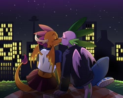 Size: 2026x1609 | Tagged: safe, artist:traupa, imported from derpibooru, smolder, spike, anthro, dragon, clothes, commission, duo, eyes closed, female, kiss on the lips, kissing, male, shipping, skirt, spolder, straight