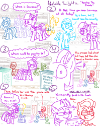Size: 4779x6013 | Tagged: safe, artist:adorkabletwilightandfriends, imported from derpibooru, flitter, minuette, tree hugger, twilight sparkle, oc, oc:isabelle, oc:lawrence, oc:ned, oc:red, oc:tax pirate, oc:trevor, alicorn, earth pony, pegasus, pony, unicorn, comic:adorkable twilight and friends, adorkable, adorkable twilight, animal crossing, attraction, blurr, book, bow, butt, castle, clothes, comic, cute, dork, dreadlocks, female, filly, flirt, flirting, foal, fort, friendship, glasses, isabelle, library, listening, necktie, nudge, plot, ponified, reading, relationship, scooter scout, sitting, skirt, slice of life, stool, twilight sparkle (alicorn), wings