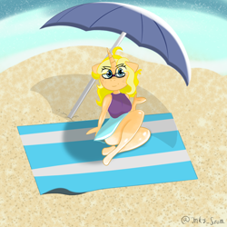 Size: 1080x1080 | Tagged: safe, artist:inky scroll, imported from derpibooru, oc, oc only, oc:songheart, anthro, pony, unicorn, beach, breasts, clothes, female, glasses, looking at you, ocean, sitting, skirt, swimsuit, tanktop, towel, umbrella