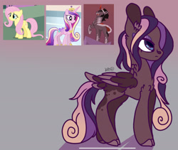 Size: 1980x1668 | Tagged: safe, artist:caramelbolt24, imported from derpibooru, fluttershy, king sombra, oc, oc:bloodrose, alicorn, pegasus, pony, unicorn, abstract background, cloven hooves, ear fluff, female, horn, laughing, magical threesome spawn, male, mare, multiple parents, offspring, parent:fluttershy, parent:king sombra, parent:princess cadance, pegasus oc, raised hoof, screencap reference, signature, stallion, two toned wings, wings