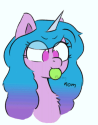 Size: 471x600 | Tagged: safe, artist:endo, artist:szafir87, imported from derpibooru, izzy moonbow, pony, unicorn, animated, ball, blinking, bust, chest fluff, cute, female, g5, gif, izzy's nom, izzy's tennis ball, izzybetes, mare, munching, no pupils, nom, portrait, simple background, solo, tennis ball, that pony sure does love tennis balls, white background