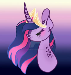Size: 1280x1339 | Tagged: safe, artist:caramelbolt24, imported from derpibooru, twilight sparkle, alicorn, pony, the last problem, blushing, deviantart watermark, ear fluff, eyelashes, eyes closed, female, gradient background, horn, jewelry, mare, obtrusive watermark, older, older twilight, princess twilight 2.0, smiling, tiara, twilight sparkle (alicorn), watermark