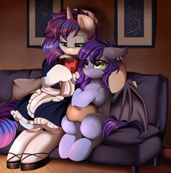 Size: 3294x3326 | Tagged: safe, artist:pridark, imported from derpibooru, oc, oc only, oc:starline moongazer, oc:vesper nightfall, bat pony, pony, unicorn, bat pony oc, bat wings, clothes, coffee, commission, couch, cup, cute, cutie mark, duo, high res, indoors, maid, sitting, smiling, wings