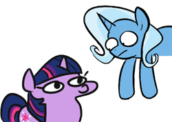 Size: 427x303 | Tagged: safe, artist:egophiliac, artist:jargon scott, edit, imported from derpibooru, trixie, twilight sparkle, pony, unicorn, crossover, duo, female, inconvenient trixie, looking at each other, mare, simple background, squatpony, twiggie, unicorn twilight, white background, woonoggles