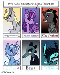 Size: 1124x1381 | Tagged: safe, artist:caramelbolt24, imported from derpibooru, derpy hooves, king sombra, trixie, twilight sparkle, alicorn, anthro, pegasus, pony, unicorn, six fanarts, anthro with ponies, bea, beatrice santello, chest fluff, crossover, curved horn, ear fluff, female, horn, male, mare, night in the woods, one eye closed, roblox, stallion, twilight sparkle (alicorn), wink