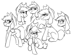 Size: 1410x1095 | Tagged: safe, artist:anticular, imported from derpibooru, applejack, earth pony, pony, applejack's hat, black and white, cowboy hat, grayscale, hat, monochrome, simple background, sitting, sketch, sketch dump, solo, white background