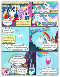 Size: 612x792 | Tagged: safe, artist:newbiespud, edit, edited screencap, imported from derpibooru, screencap, princess cadance, princess celestia, rainbow dash, shining armor, alicorn, pony, unicorn, comic:friendship is dragons, a canterlot wedding, season 2, canterlot castle, clothes, comic, confetti, dialogue, eyelashes, eyes closed, female, flower, flower in hair, flying, male, mare, mountain, open mouth, outdoors, peytral, rainbow, raised hoof, screencap comic, shiningcadance, shipping, sonic rainboom, straight, waving