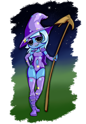 Size: 2000x2891 | Tagged: safe, alternate version, artist:tunrae, derpibooru exclusive, imported from derpibooru, trixie, human, alternate version in the description, boots, cape, clothes, female, hat, humanized, leotard, shoes, simple background, socks, solo, staff, stockings, thigh highs, transparent background, witch, witch hat