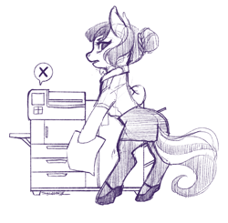 Size: 1808x1774 | Tagged: safe, artist:taytinabelle, imported from derpibooru, oc, oc only, unnamed oc, earth pony, pony, semi-anthro, annoyed, black and white, businessmare, clothes, female, grayscale, hair bun, hoof shoes, looking at you, looking back, looking back at you, looking over shoulder, mare, monochrome, office, office lady, paper, printer, shoes, simple background, sketch, skirt, socks, solo, standing, stockings, thigh highs, white background