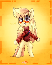 Size: 1000x1250 | Tagged: safe, artist:mjsw, imported from derpibooru, oc, oc only, earth pony, pony, blushing, clothes, female, mare, smiling, solo