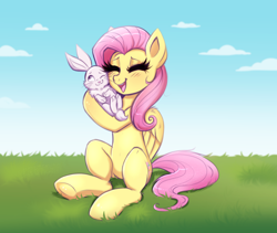 Size: 2372x2000 | Tagged: safe, artist:confetticakez, imported from derpibooru, angel bunny, fluttershy, pegasus, pony, rabbit, angelbetes, animal, blushing, cute, eyes closed, female, hug, mare, pet, shyabetes, sitting, underhoof