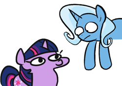 Size: 427x303 | Tagged: safe, artist:egophiliac, artist:jargon scott, edit, imported from ponybooru, trixie, twilight sparkle, duo, inconvenient trixie, looking at each other, simple background, twiggie, white background