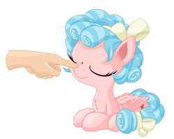 Size: 1780x1416 | Tagged: safe, artist:vito, imported from ponybooru, cozy glow, human, pegasus, pony, boop, bow, cozybetes, cute, disembodied hand, eyes closed, freckles, hair bow, hand, ponybooru exclusive, prone, simple background, sitting, solo focus, tail bow, transparent background