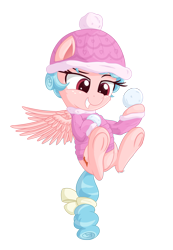 Size: 1657x2393 | Tagged: safe, artist:vito, imported from ponybooru, cozy glow, pegasus, pony, airborne, bow, clothes, coat, female, filly, flying, freckles, ponybooru exclusive, simple background, smiling, smirk, snow, snowball, tail bow, transparent background, winter hat, winter outfit