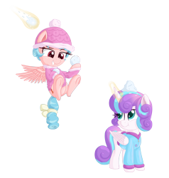 Size: 3337x3512 | Tagged: safe, artist:vito, imported from ponybooru, cozy glow, princess flurry heart, alicorn, pegasus, pony, airborne, bow, clothes, female, filly, flying, freckles, jacket, magic, ponybooru exclusive, simple background, smiling, smirk, snow, snowball, snowball fight, tail bow, transparent background, winter hat, winter outfit