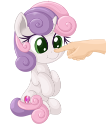 Size: 1492x1748 | Tagged: safe, artist:vito, imported from ponybooru, sweetie belle, human, pony, unicorn, boop, chest fluff, clothes, cute, disembodied hand, female, filly, green eyes, hand, simple background, sitting, smiling, solo focus, transparent background, two toned mane, two toned tail, uniform, white coat