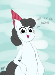 Size: 4000x5500 | Tagged: safe, artist:evan555alpha, imported from ponybooru, oc, oc only, oc:kohlette, object pony, original species, pony, toilet pony, anontheanon's birthday, belly, belly button, blue background, but why, chubby, dialogue, female, hat, looking at you, open mouth, party hat, ponified, signature, simple background, solo, talking, text, toilet, what has science done, wide eyes