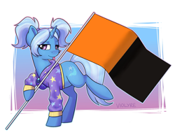 Size: 1375x1080 | Tagged: safe, artist:violyre, edit, editor:anonymous, imported from ponybooru, trixie, pony, unicorn, alternate hairstyle, babysitter trixie, clothes, female, flag, gradient background, hoodie, mare, pride flag, raised hoof, raised leg, signature, simple background, solo, super straight, tongue out, white background