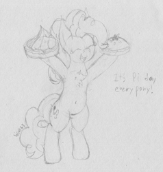 Size: 2477x2600 | Tagged: safe, artist:wapamario63, imported from ponybooru, pinkie pie, earth pony, pony, bipedal, chest fluff, cute, dialogue, eyes closed, food, happy, monochrome, open mouth, pi day, pie, sketch, solo, traditional art
