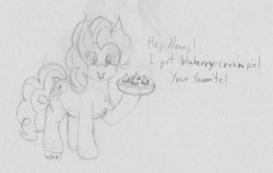 Size: 3234x2040 | Tagged: safe, artist:wapamario63, imported from ponybooru, pinkie pie, earth pony, pony, cute, dialogue, female, food, happy, implied anon, looking at you, mare, monochrome, pie, sketch, solo, traditional art