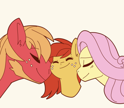 Size: 768x669 | Tagged: safe, artist:little-tweenframes, edit, imported from ponybooru, big macintosh, fluttershy, oc, oc:sunny days, earth pony, pegasus, pony, beard, bust, cropped, eyes closed, facial hair, family, father and child, father and daughter, female, filly, fluttermac, freckles, male, mare, mother and child, mother and daughter, nuzzling, offspring, orange coat, orange mane, parent and child, parent:big macintosh, parent:fluttershy, parents:fluttermac, pink mane, red coat, red mane, shipping, simple background, stallion, straight, white background, yellow coat