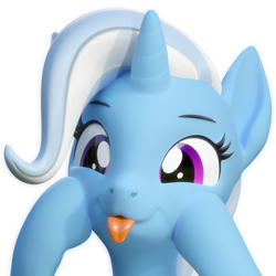 Size: 3840x3840 | Tagged: safe, artist:xppp1n, imported from ponybooru, trixie, pony, unicorn, 3d, blender, blender cycles, female, mare, mlem, silly, simple background, smiling, solo, tongue out, transparent background