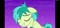 Size: 1520x720 | Tagged: safe, imported from ponybooru, screencap, sandbar, earth pony, pony, she's all yak, bowtie, ears, eyes closed, floppy ears, grin, night, raised hoof, raised leg, screenshots, shipping, smiling, solo