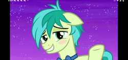 Size: 1520x720 | Tagged: safe, imported from ponybooru, screencap, sandbar, earth pony, pony, she's all yak, blushing, bowtie, ears, eyes closed, floppy ears, grin, looking at you, night, raised hoof, raised leg, screenshots, shipping, smiling, solo