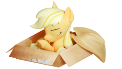 Size: 3840x2160 | Tagged: safe, artist:xppp1n, imported from ponybooru, applejack, earth pony, pony, 3d, applejack's hat, behaving like a cat, blender, blender cycles, blonde, blonde mane, blonde tail, box, clothes, cowboy hat, freckles, hat, licking, orange coat, simple background, solo, tongue out, transparent background, underhoof