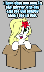 Size: 1902x3132 | Tagged: safe, artist:trash anon, imported from ponybooru, oc, oc only, oc:epithumia, earth pony, pony, blonde, blonde mane, box, earth pony oc, english, flower, flower in hair, green eyes, inspirational, smiling, text