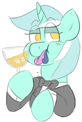Size: 556x825 | Tagged: safe, artist:2k.bugbytes, imported from ponybooru, bon bon, lyra heartstrings, sweetie drops, earth pony, pony, unicorn, clothes, glass, puffy cheeks, shitposting, tuxedo, vore, wine glass