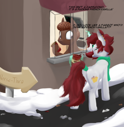 Size: 1334x1371 | Tagged: artist needed, safe, imported from ponybooru, oc, oc only, oc:cotton coax, pony, unicorn, angry, brown coat, cappuccino, clothes, coffee, dialogue, drive thru, ear piercing, female, glowing horn, hair net, horn, levitation, magic, mare, open mouth, piercing, red mane, red tail, scarf, snow, tail wrap, telekinesis, text, unicorn oc, vulgar, white coat, window