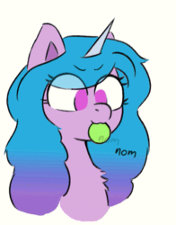 Size: 471x600 | Tagged: safe, artist:endo, artist:szafir87, imported from derpibooru, izzy moonbow, animated, ball, blinking, cute, g5, gif, izzy's tennis ball, izzybetes, munching, nom, simple background, tennis ball, that pony sure does love tennis balls, white background