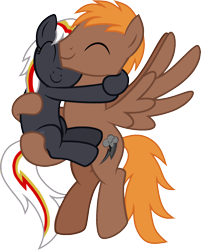 Size: 1529x1899 | Tagged: safe, artist:pegasski, imported from derpibooru, oc, oc:calamity, oc:velvet remedy, earth pony, pegasus, pony, fallout equestria, base used, bridal carry, carrying, duo, earth pony oc, eyes closed, female, holding a pony, hug, male, mare, pegasus oc, smiling, stallion, wings