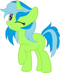 Size: 859x1052 | Tagged: safe, artist:mysticdrivefim, imported from derpibooru, oc, oc only, oc:amber, oc:amber green, pony, unicorn, female, looking at you, mare, one eye closed, raised hoof, simple background, smiling, smiling at you, solo, transparent background, vector, wink, winking at you