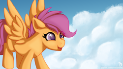 Size: 5760x3240 | Tagged: safe, artist:sevenserenity, imported from derpibooru, scootaloo, pegasus, pony, cloud, cute, cutealoo, female, filly, flying, illustration, patreon, patreon reward, redraw, scootaloo can fly, sky, solo, spread wings, wings extended