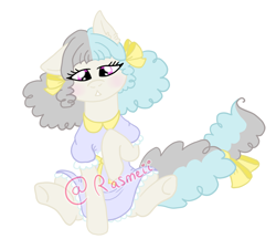 Size: 2358x2120 | Tagged: safe, artist:ponyrasmeii, imported from derpibooru, oc, oc only, oc:sippy cup, earth pony, pony, bow, clothes, crossdressing, curly mane, dress, earth pony oc, hair bow, magical lesbian spawn, male, nextgen:rasmeiiverse, offspring, parent:octavia melody, parent:vinyl scratch, parents:scratchtavia, simple background, solo, stallion, white background