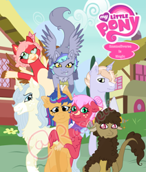 Size: 2061x2426 | Tagged: safe, artist:ponyrasmeii, imported from derpibooru, oc, oc only, oc:apple tart, oc:dusk radiance, oc:gleaming tone, oc:golden honeycrisp, oc:rainbow fluff, oc:strawberry cheesecake, oc:taban pie, cat, cat pony, draconequus, earth pony, original species, pegasus, pony, unicorn, catpegasus, draconequus oc, earth pony oc, flying, glasses, horn, hug, magical lesbian spawn, my little pony logo, next generation, nextgen:rasmeiiverse, offspring, parent:applejack, parent:big macintosh, parent:capper dapperpaws, parent:crimson heart, parent:discord, parent:double strawberry, parent:flash sentry, parent:fluttershy, parent:pinkie pie, parent:prince rutherford, parent:rainbow dash, parent:rarity, parent:starlight glimmer, parent:sunburst, parent:twilight sparkle, parents:discorutherpie, parents:flashlight, parents:fluttermac, parents:oc x background pony, parents:rainbowcapper, parents:rarijack, parents:starburst, pegasus oc, ponyville, posing for photo, unicorn oc, wings