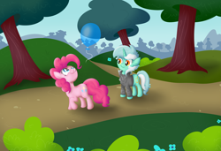 Size: 5885x4032 | Tagged: safe, artist:background basset, imported from derpibooru, lyra heartstrings, pinkie pie, earth pony, pony, unicorn, fanfic:background pony, balloon, clothes, dig the swell hoodie, duo, duo female, female, hoodie
