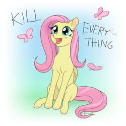 Size: 1000x1000 | Tagged: safe, artist:arareroll, imported from derpibooru, fluttershy, butterfly, pegasus, pony, blush sticker, blushing, cute, dissonant caption, female, mare, open mouth, out of character, pure unfiltered evil, shyabetes, sitting, smiling, solo, text